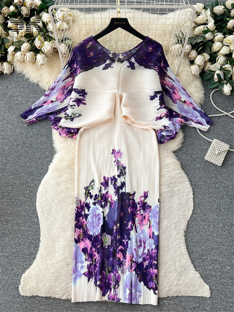 V Neck Lantern Sleeve Elastic Waist Pleated Dress