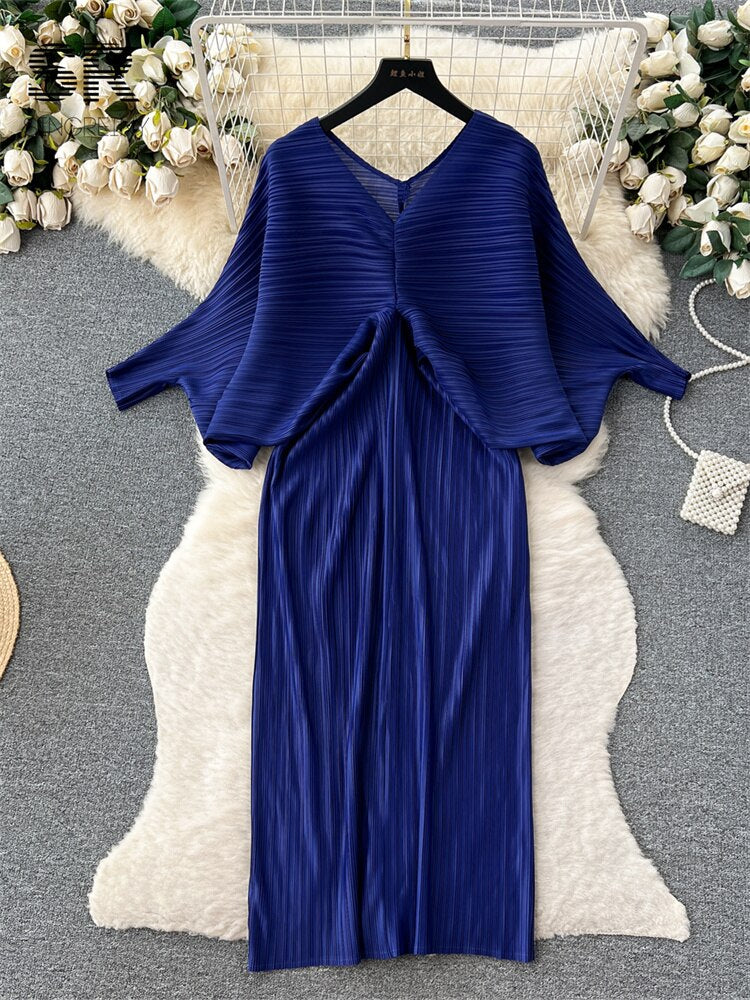 V Neck Lantern Sleeve Elastic Waist Pleated Dress