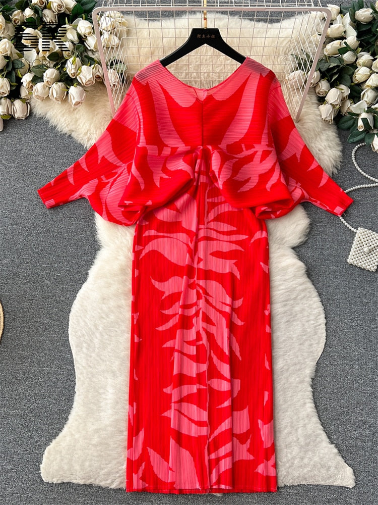 V Neck Lantern Sleeve Elastic Waist Pleated Dress