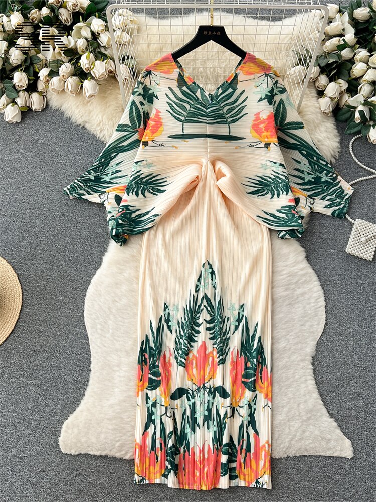 V Neck Lantern Sleeve Elastic Waist Pleated Dress