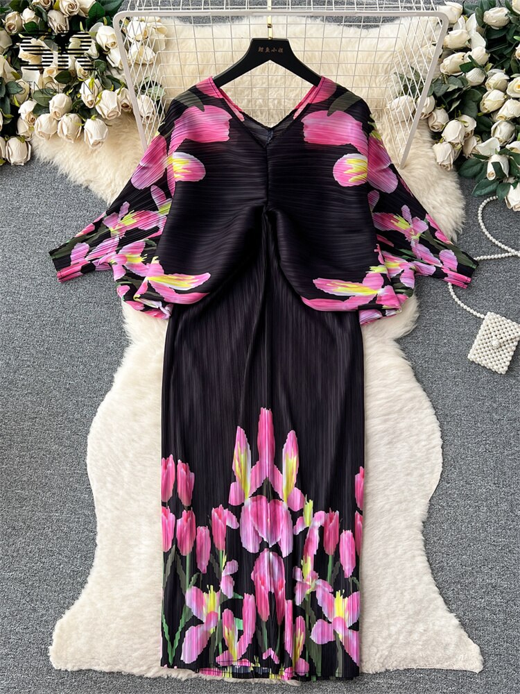 V Neck Lantern Sleeve Elastic Waist Pleated Dress