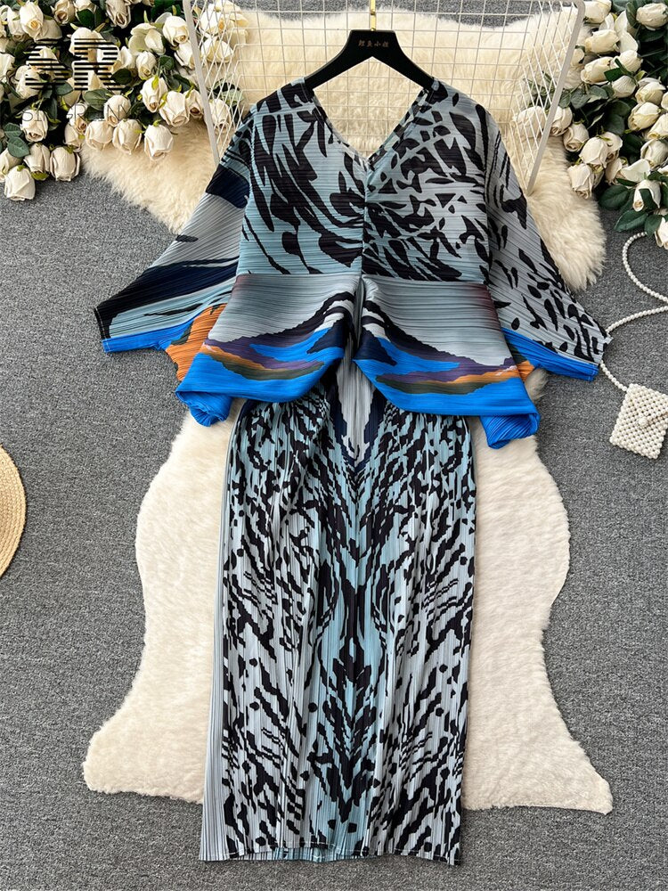 V Neck Lantern Sleeve Elastic Waist Pleated Dress