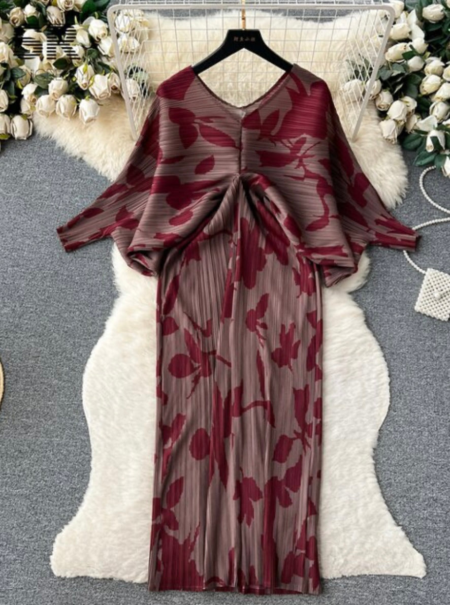 V Neck Lantern Sleeve Elastic Waist Pleated Dress