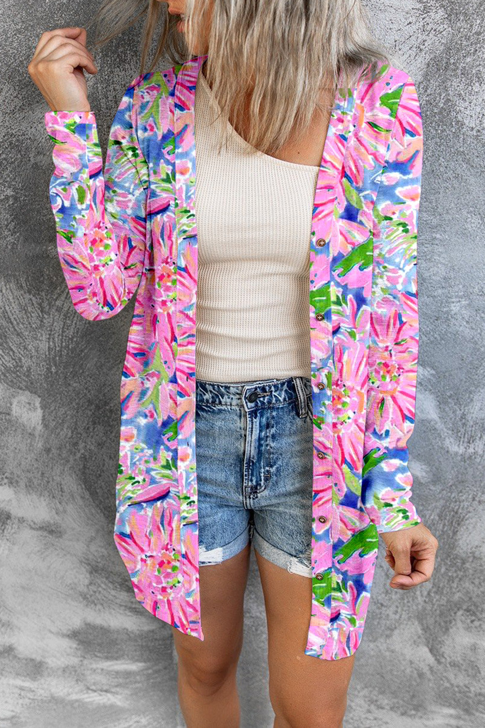 Floral Open Front Long Sleeve Cardigan