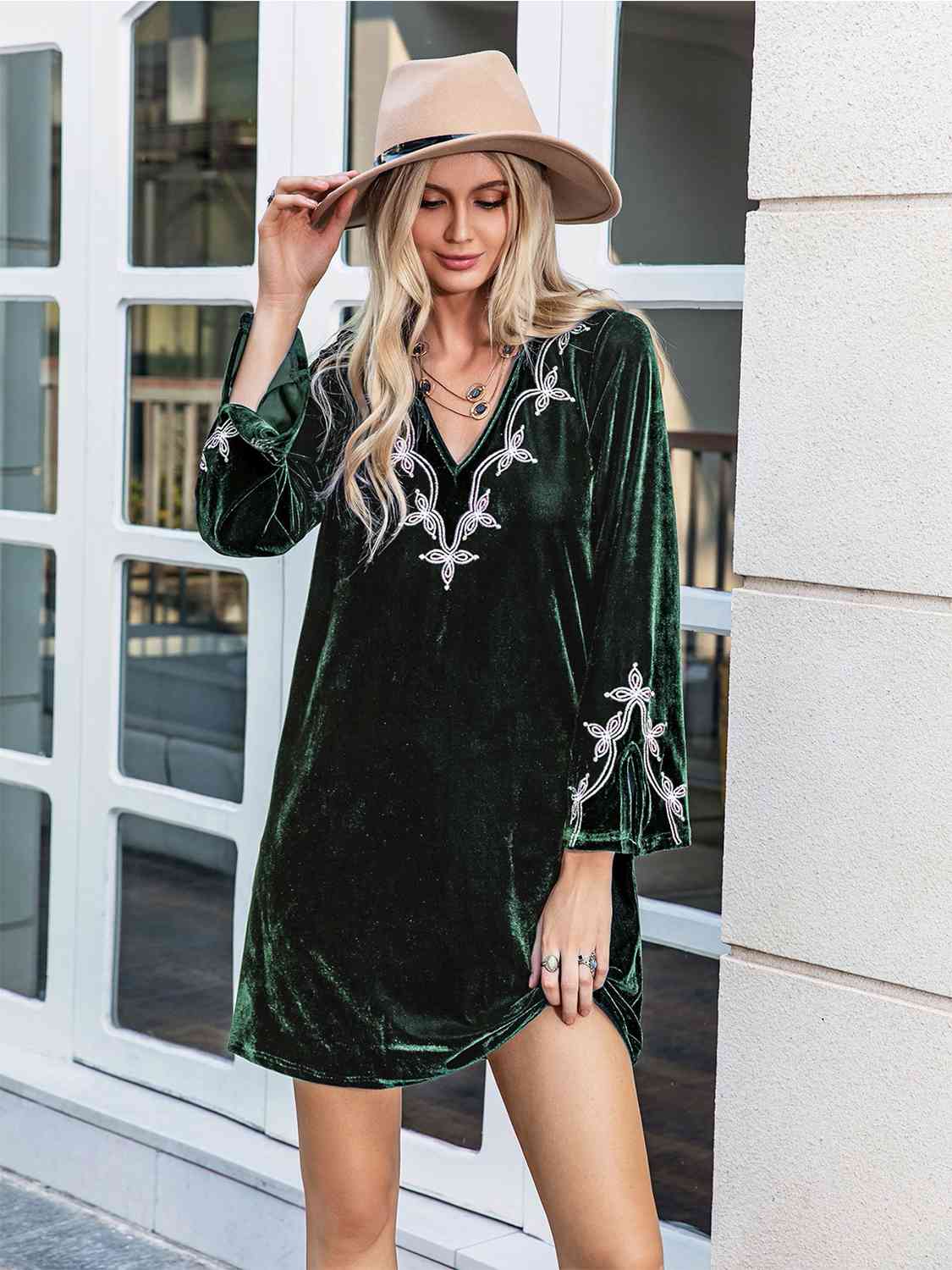 V-Neck Slit Sleeve Mini Dress