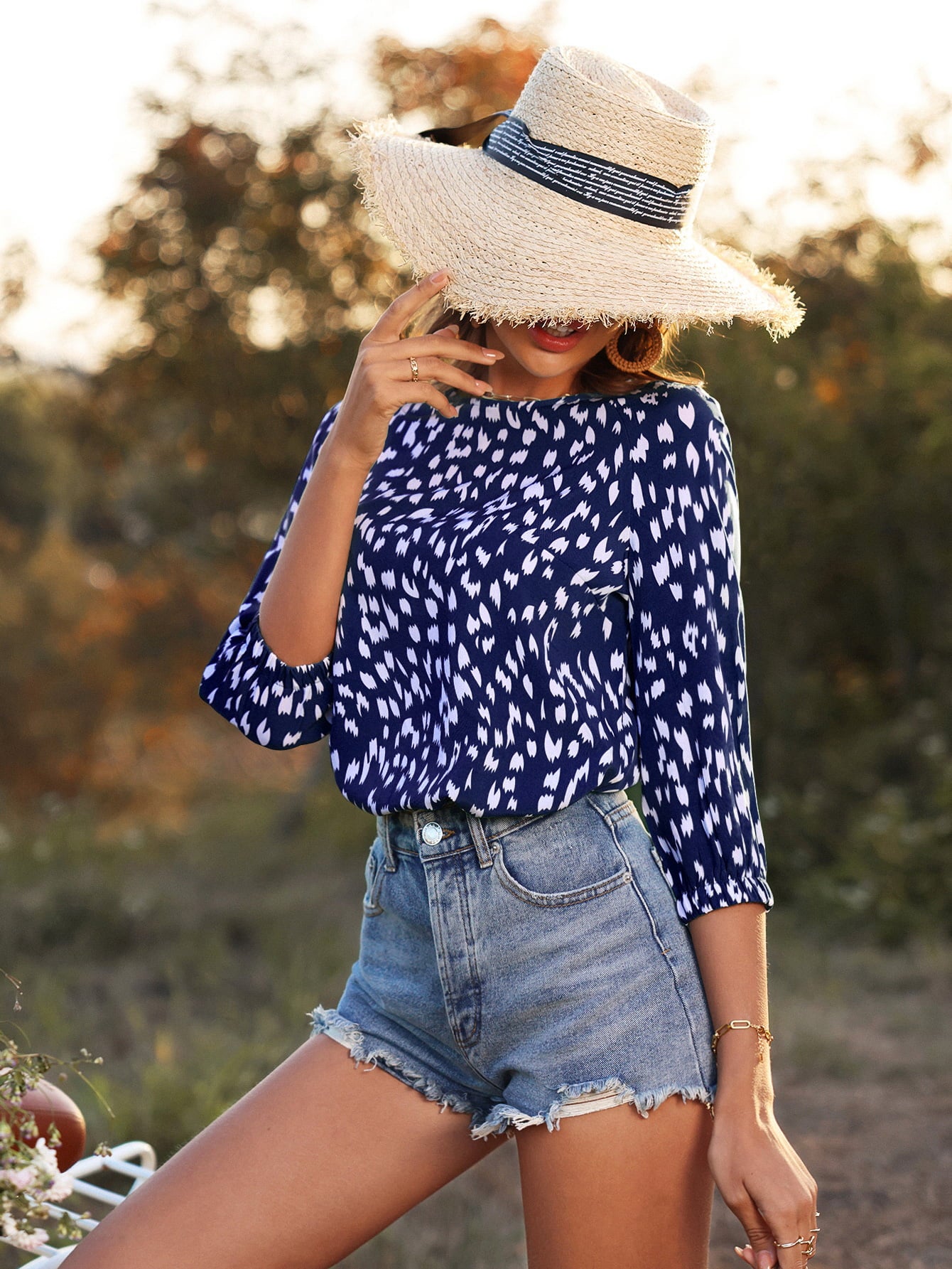 Printed Round Neck Three-Quarter Sleeve Blouse