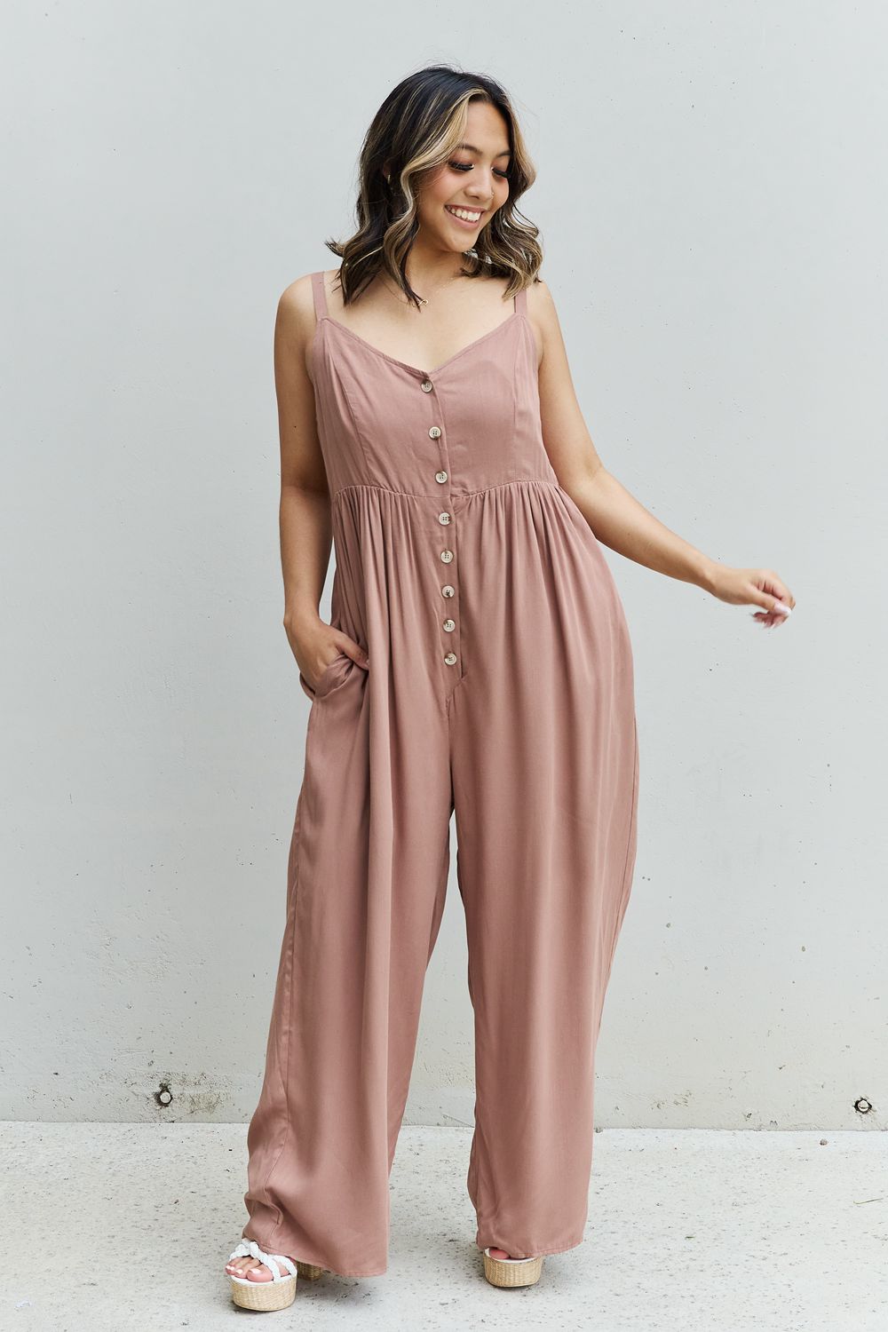 HEYSON All Day Full Size Wide Leg Button Down Jumpsuit in Mocha