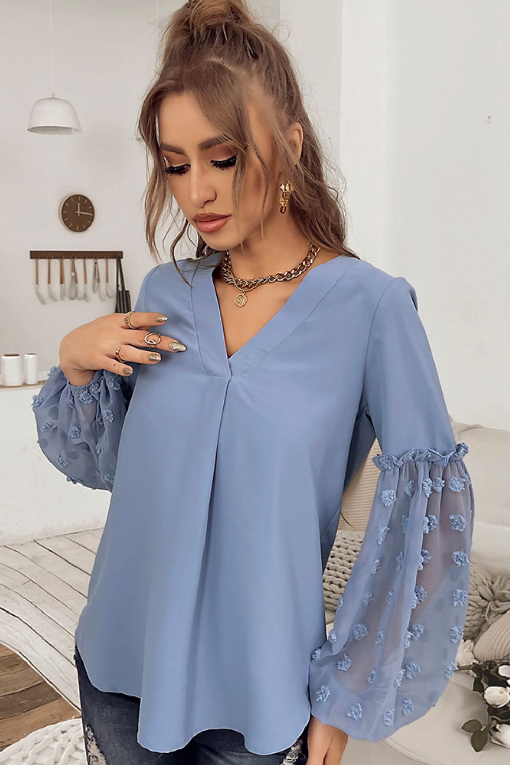 Swiss Dot Balloon Sleeve V-Neck Blouse