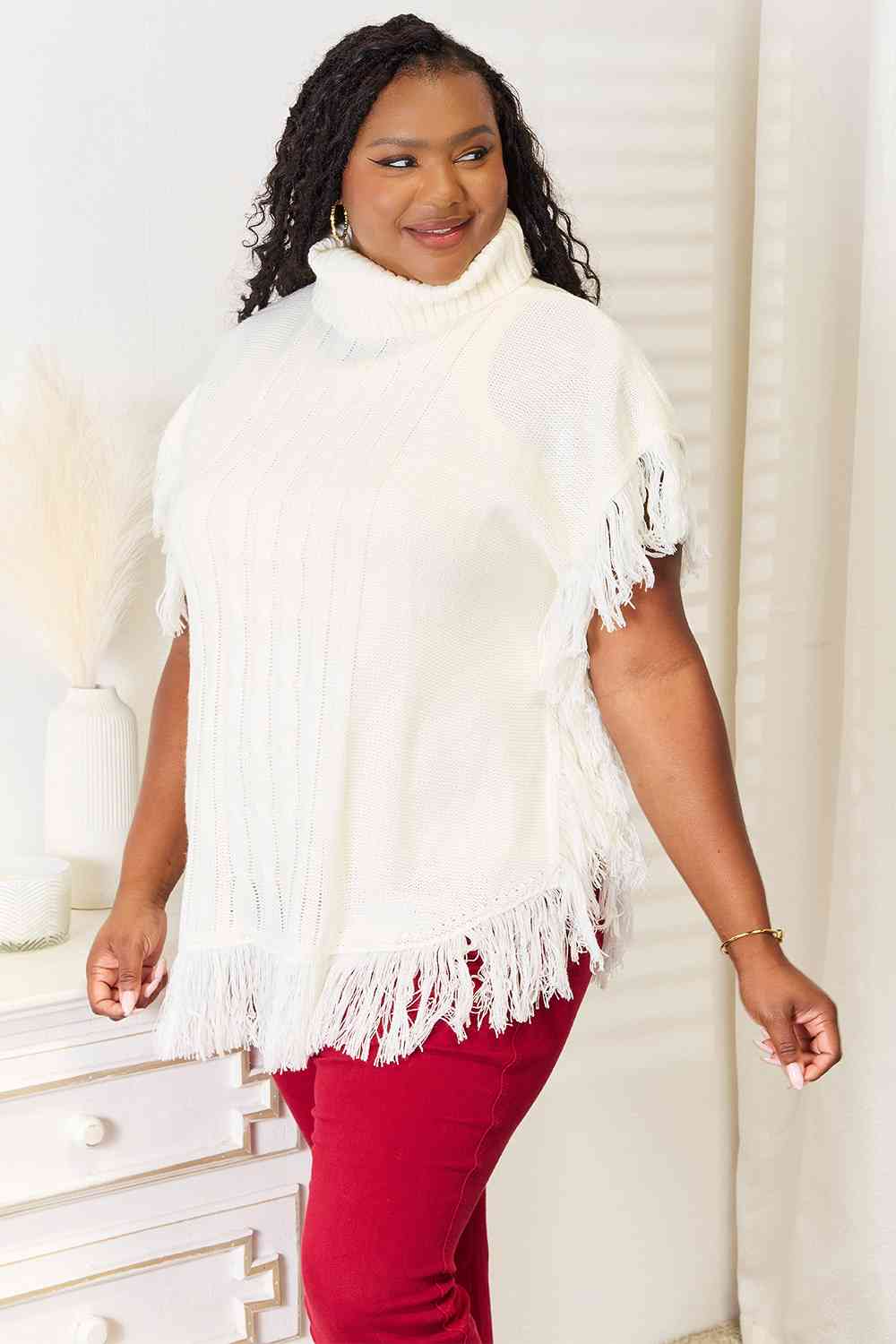 Justin Taylor Turtle Neck Fringe Poncho