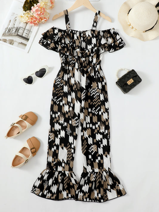 Printed Cold-Shoulder Flare Leg Jumpsuit