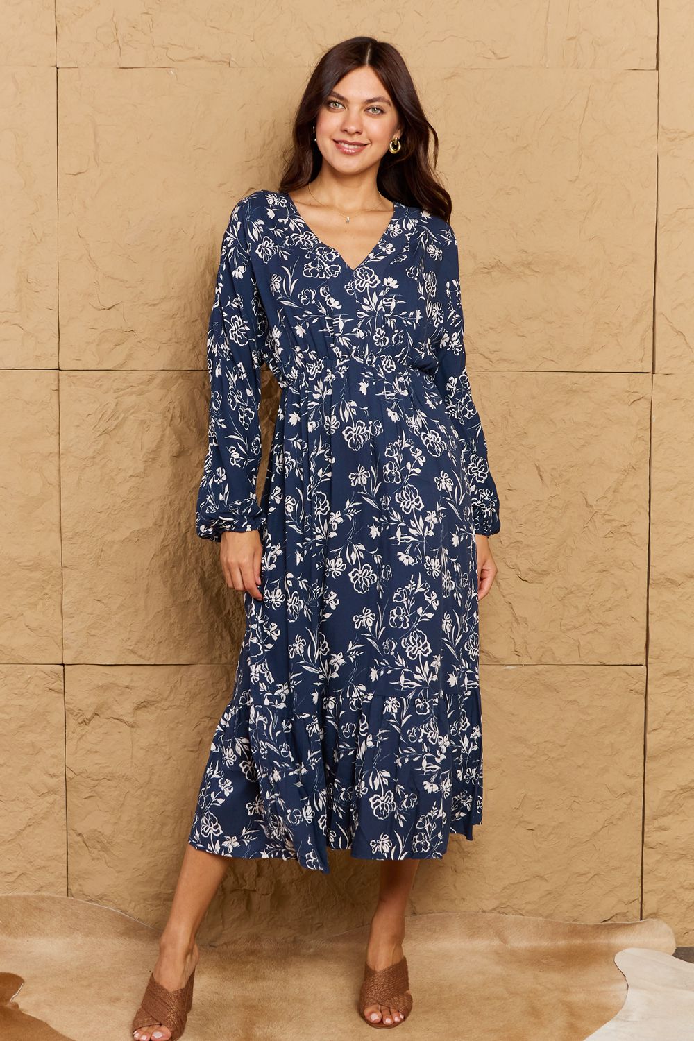 HEYSON Night Out Full Size Balloon Sleeve Floral Midi Dress