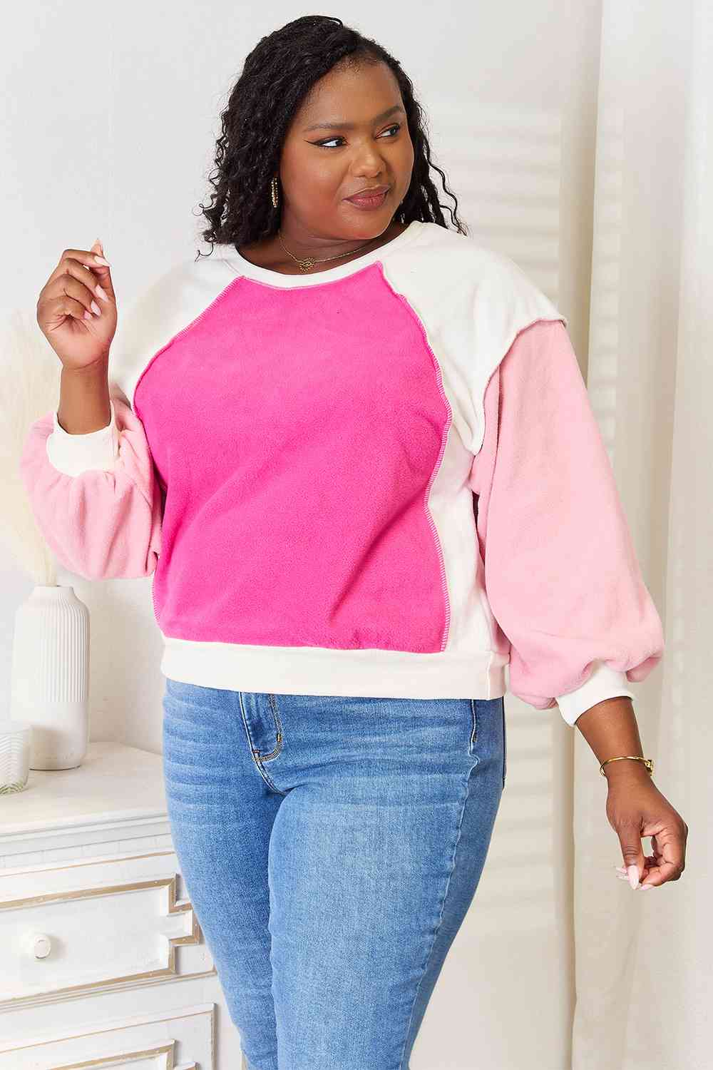 Double Take Color Block Dropped Shoulder Sweatshirt